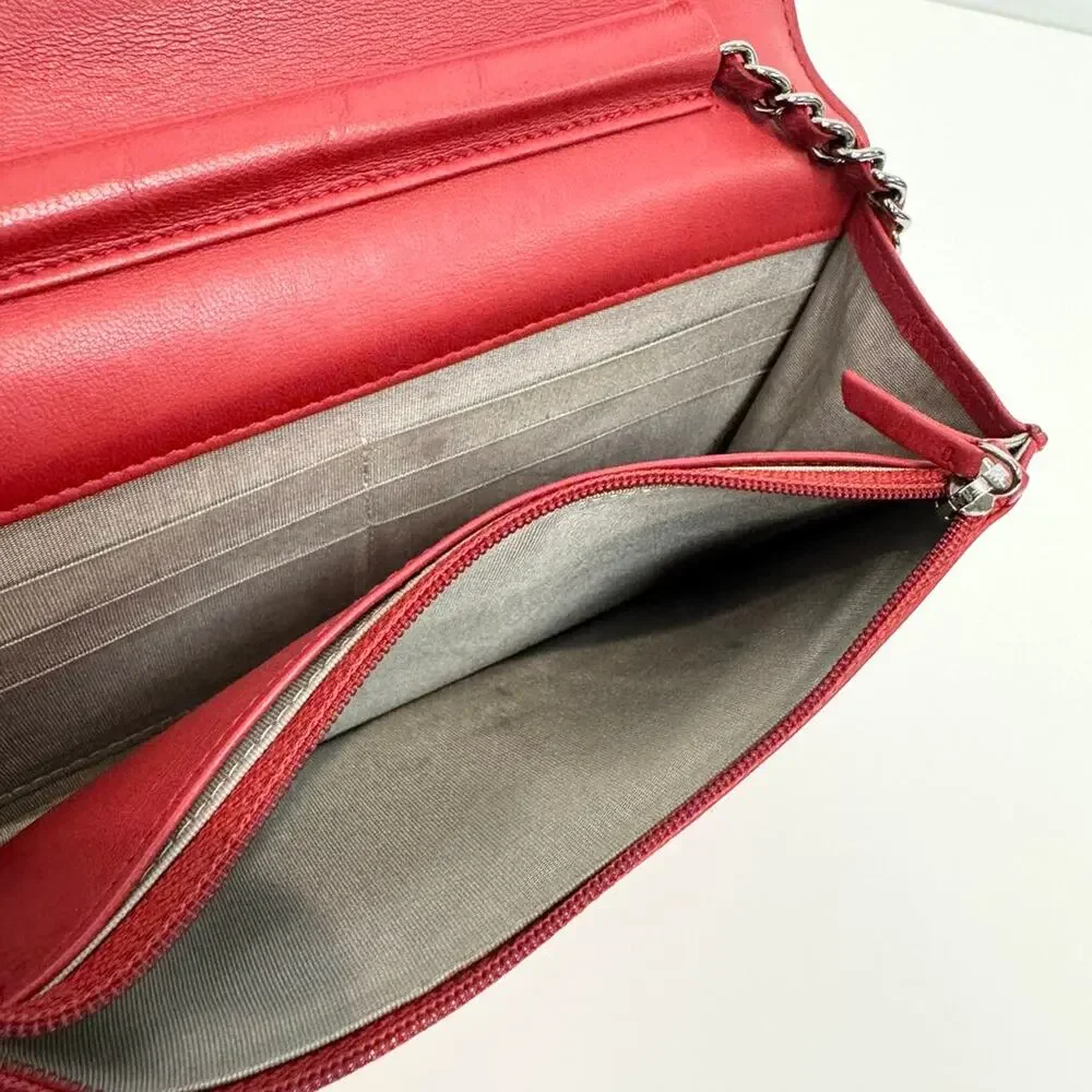 CHANEL Red Quilted Lambskin Leather Boy Wallet on Chain Silver CC Logo Crossbody
